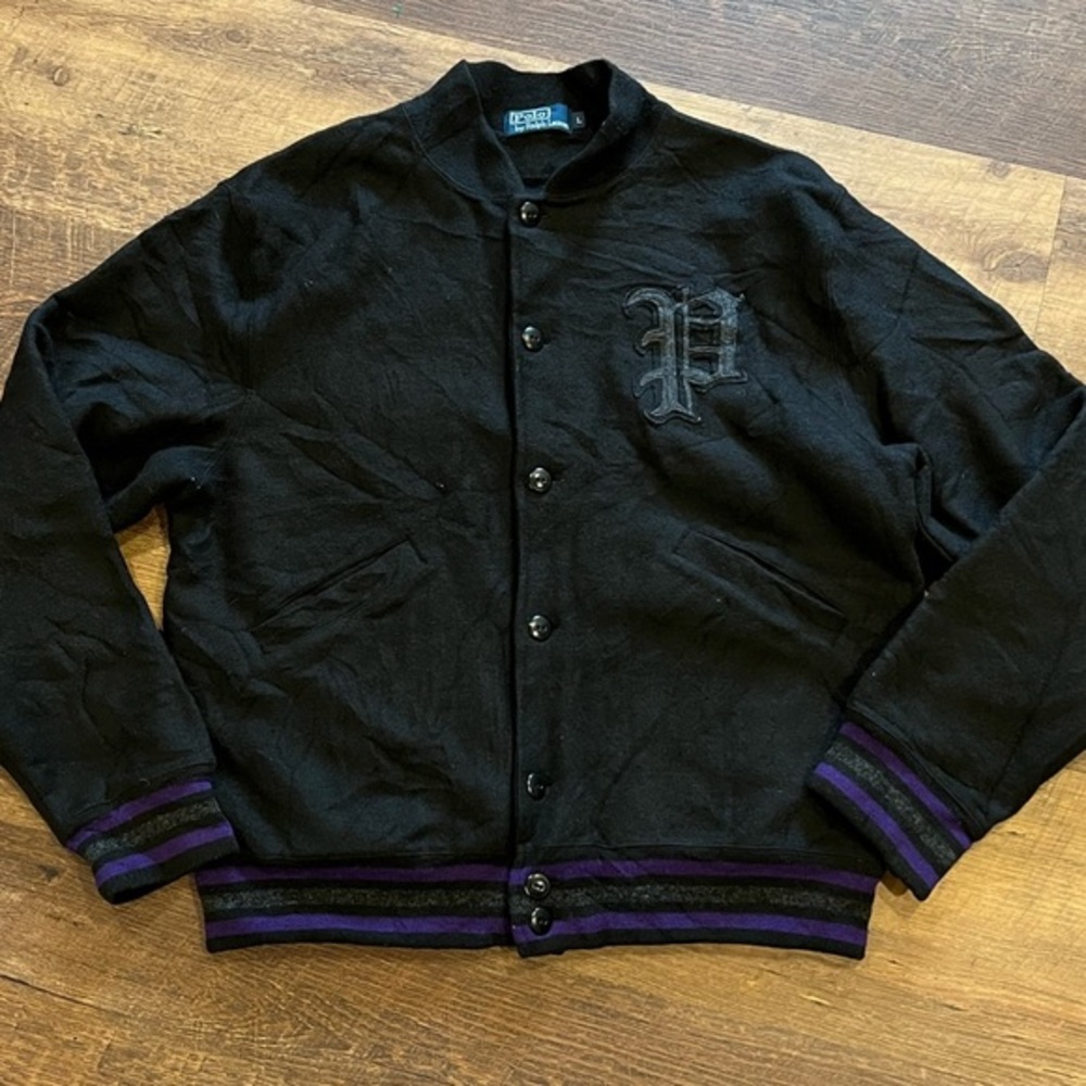 Polo Ralph Lauren varsity jacket Mens size large‎ black gray purple oversized